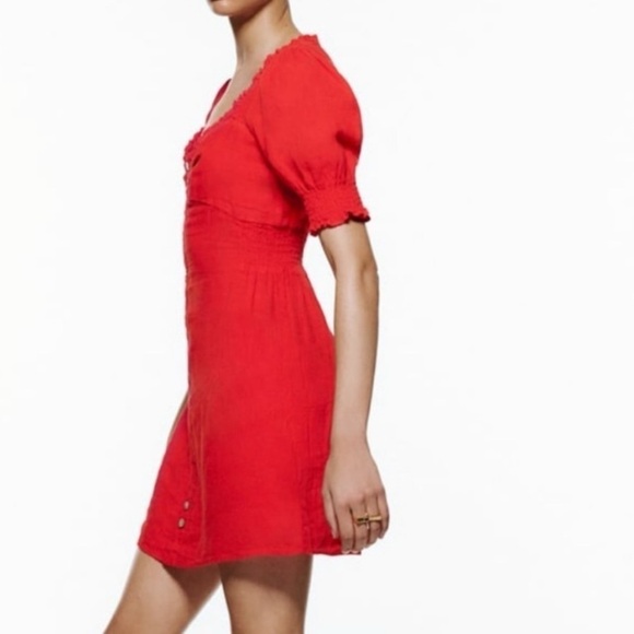 NWT Zara Red Linen Sweetheart Ruffle Mini Dress Button Accent Pullover Medium - Picture 3 of 12